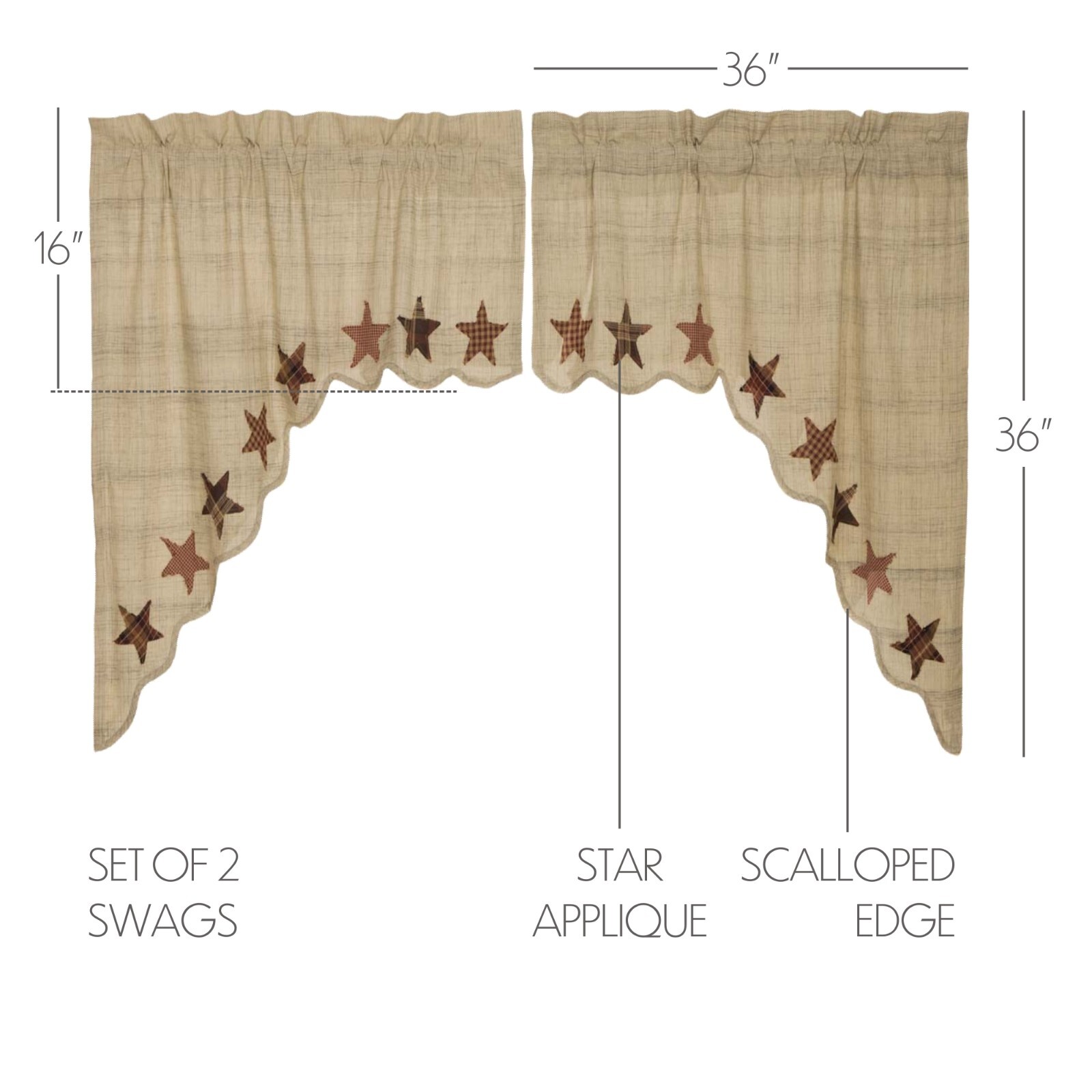Abilene Star SWAG CURTAIN SET 36x36x18 Applique’ Stars Tan Burgundy Brown
