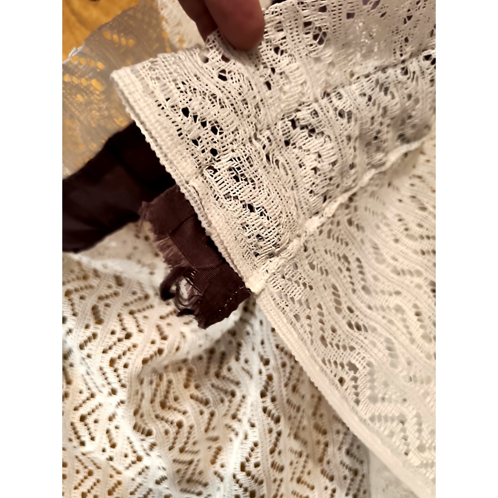 1631. One Panel Lace Curtain Mauve Trim Rod Pocket
