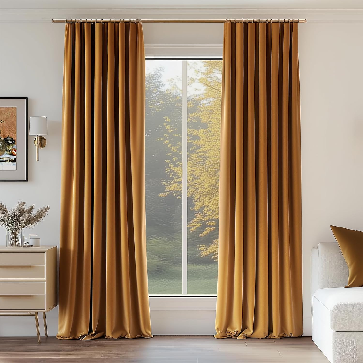Gold Brown Velvet Curtains 84 Long, Room Darkening, Insulated, Soundproof, 2 Pan