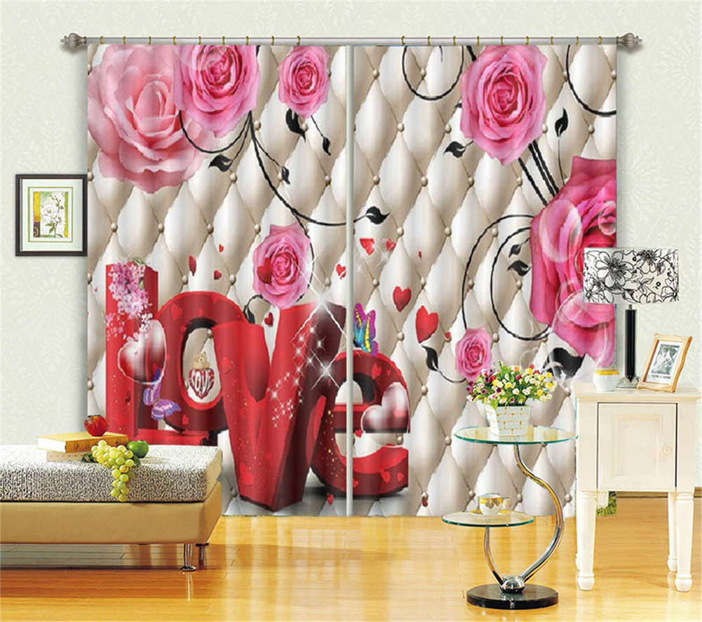 Roses And Letter Love 3D Curtain Blockout Photo Printing Curtains Drape Fabric