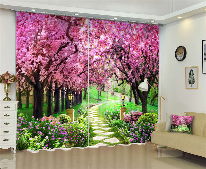 Peach Blossom Path 3D Curtain Blockout Photo Printing Curtains Drape Fabric