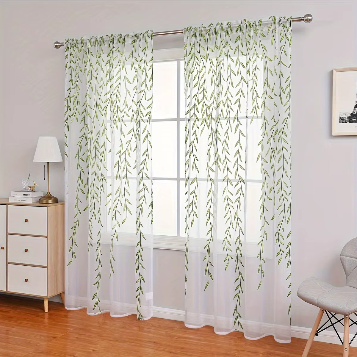 2pcs Contemporary UV-Protective Polyester Sheer Curtains with Willow Print – Rod
