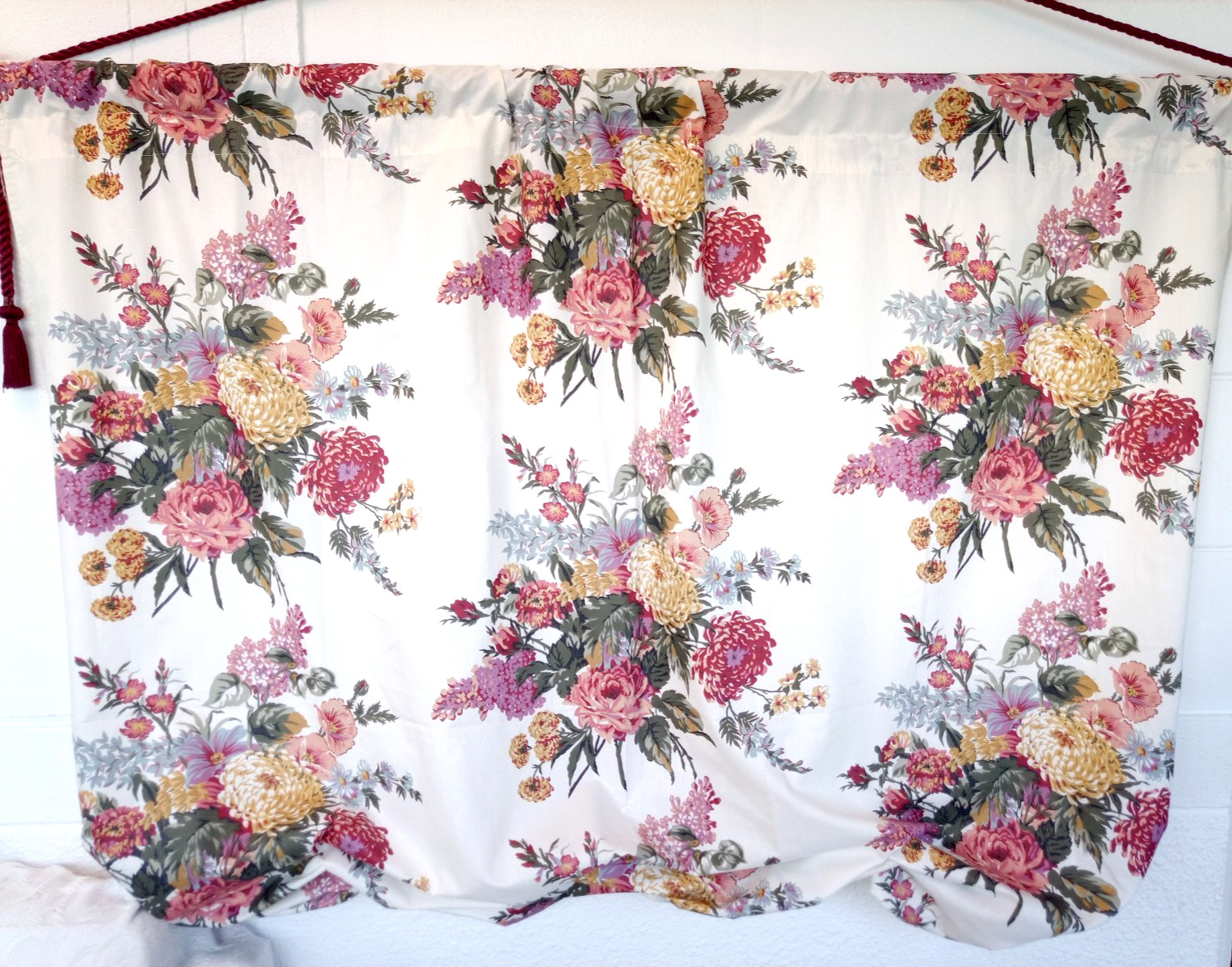 4 Vintage Country Victorian Floral Rose Ruched Swag Balloon Curtain Panels SET