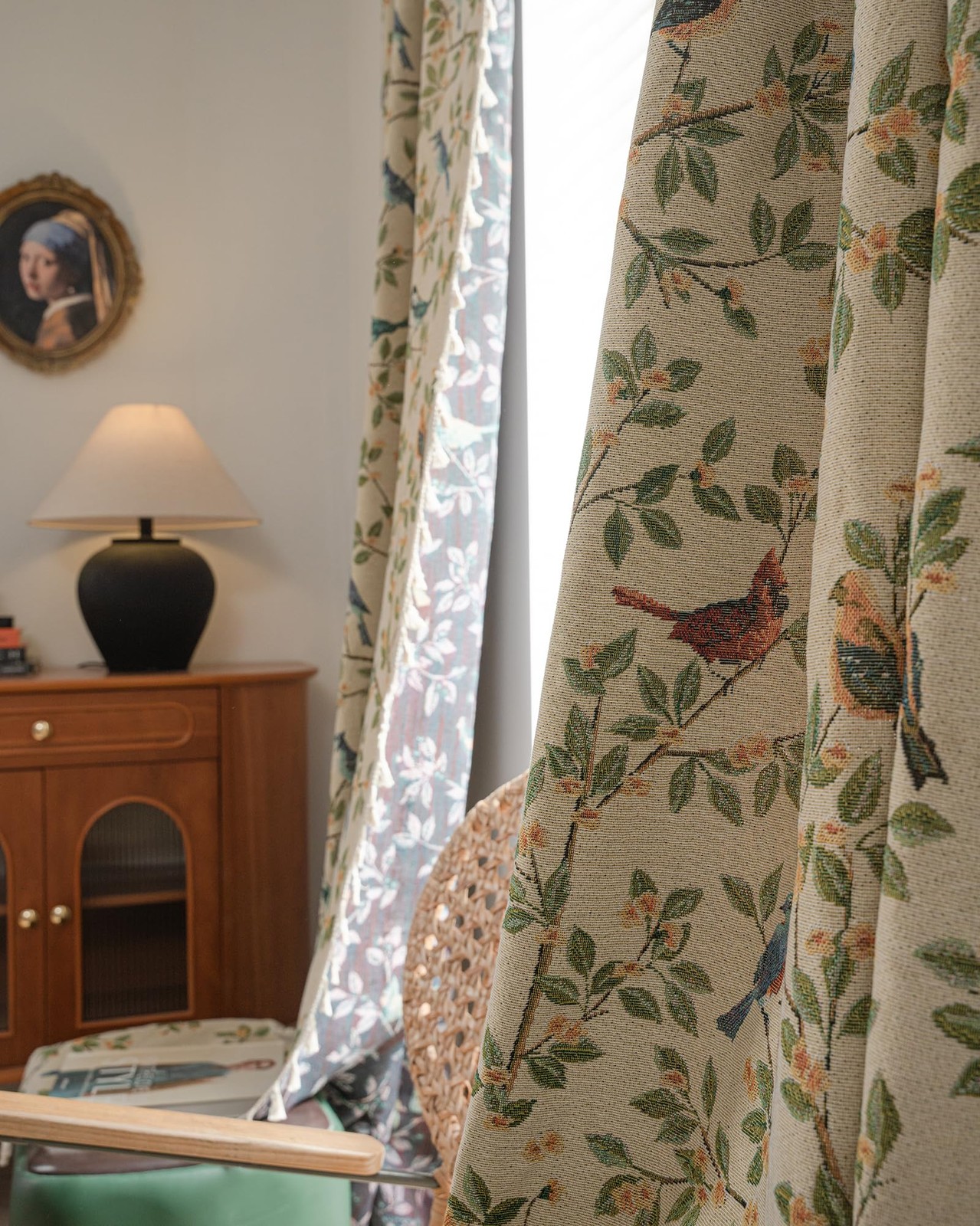 Farmhouse Bird Curtains with Tassels 2 Panel Set Jacquard Semi Sheer Light Fi…