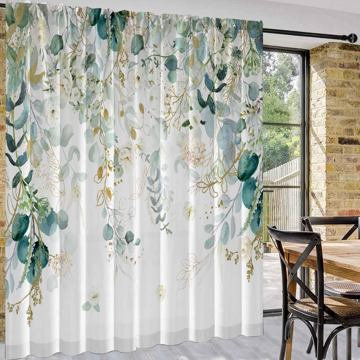 Curtains 84 In L Sage Green Leaves Light Filtering Gold Green Farmhouse 2 Panel