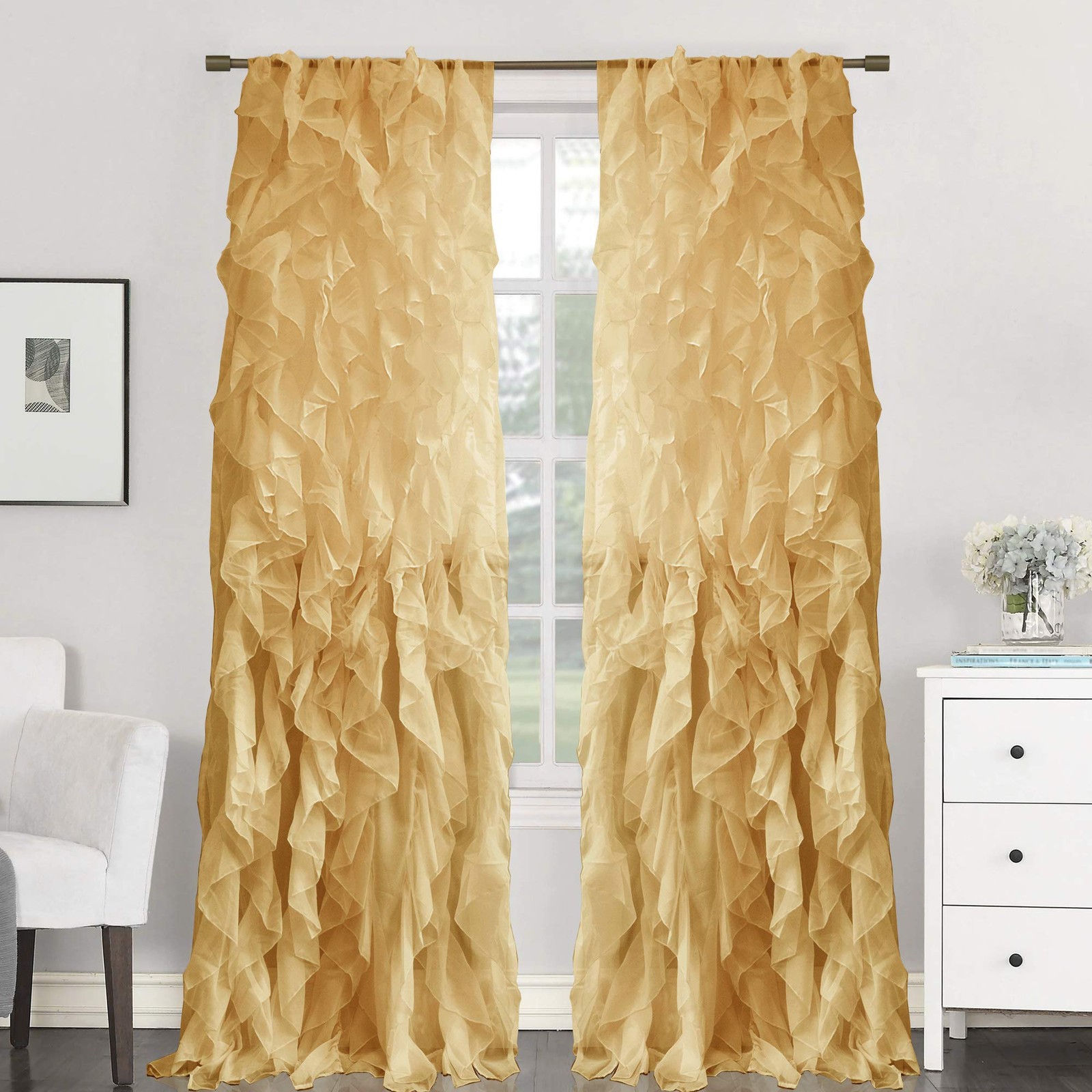 Curtain, Voile, Vertical, Ruched, 213 x 127 cm, Pack of 2. 84″ x 50″ Camel