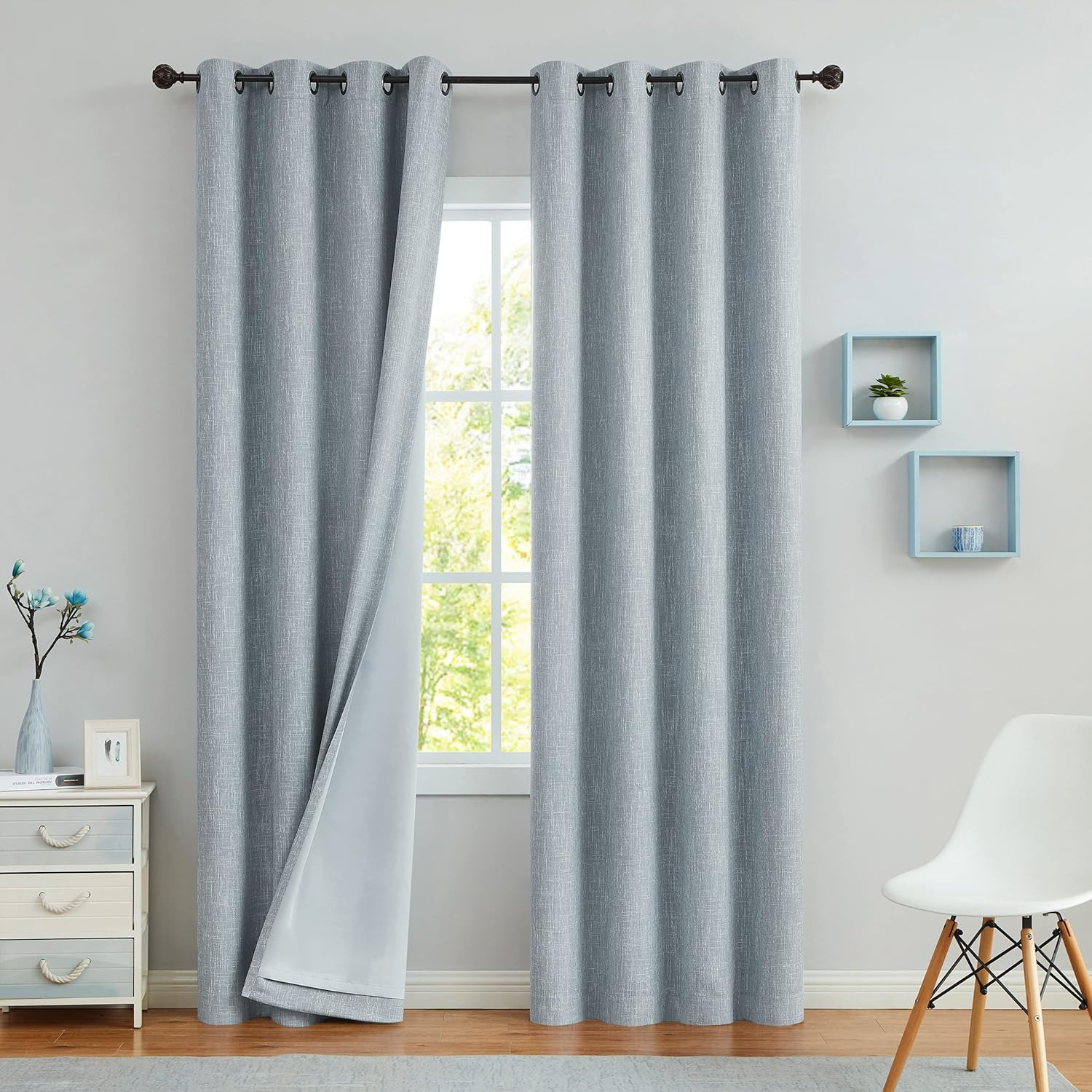 Blue Solid Full Blackout Curtain Heavy Linen Texture Window Treatment for Bedroo