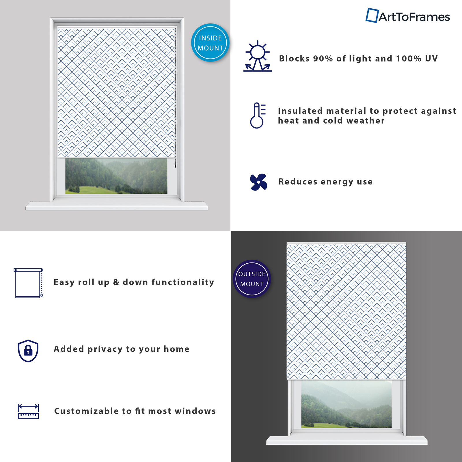 ArtToFrames Custom Window Shade – Blackout Peaks Modern Navy Design Reversed Rol