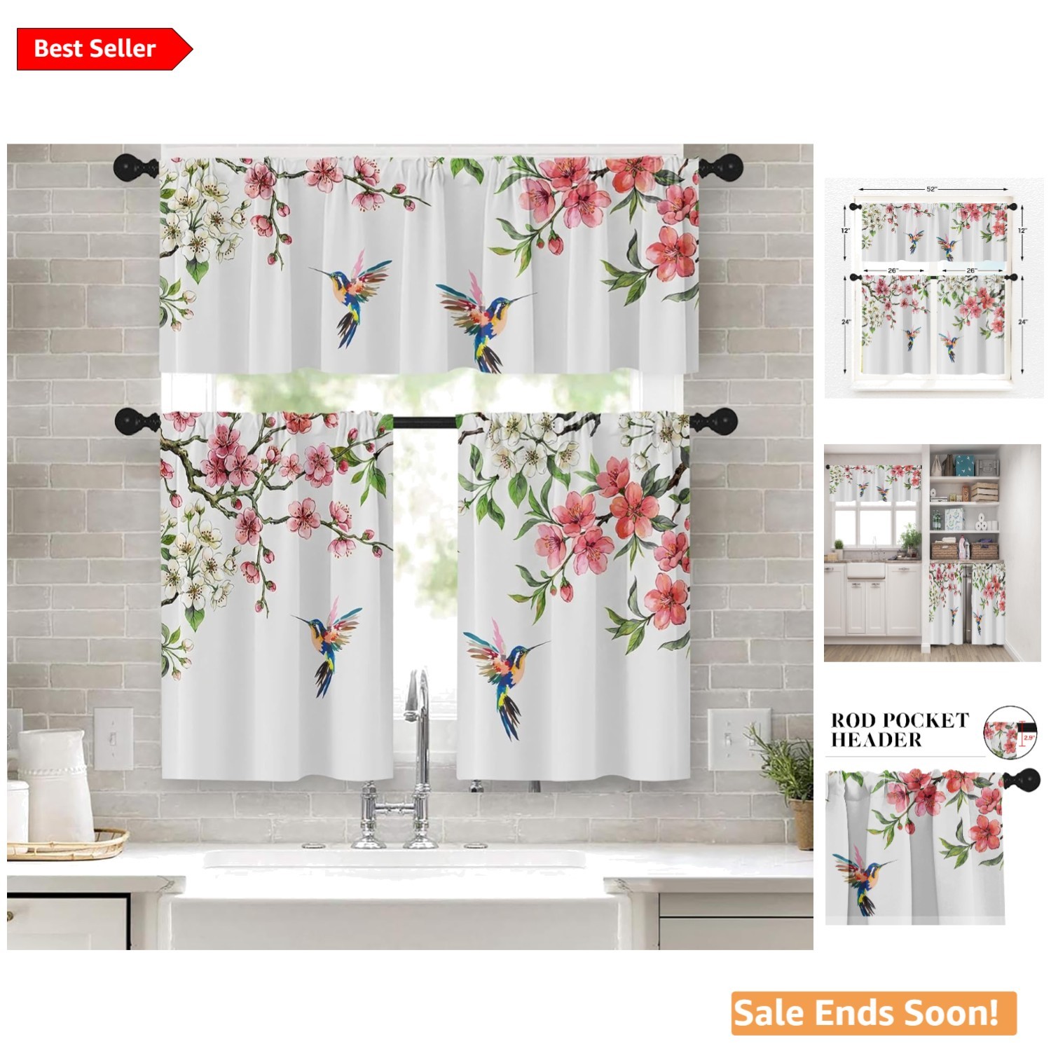 Flower Bird Kitchen Window Curtains Set for Privacy and Decor in Spring Brigh…