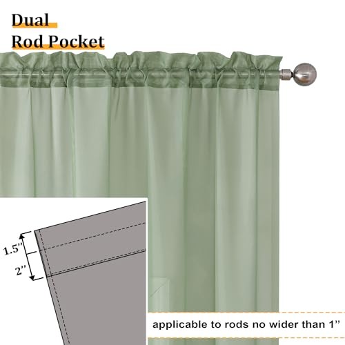 Sheer Curtains 90 Inches Long, Light 59″W x 90″L (Pack of 2) Sage Green