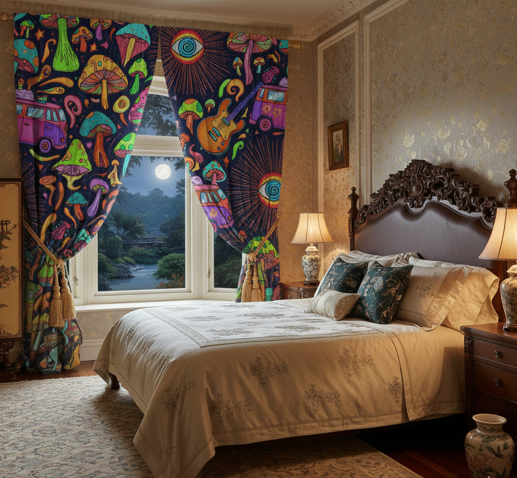 Psychedelic Dense Floral , Living Room 70% Light Blocking