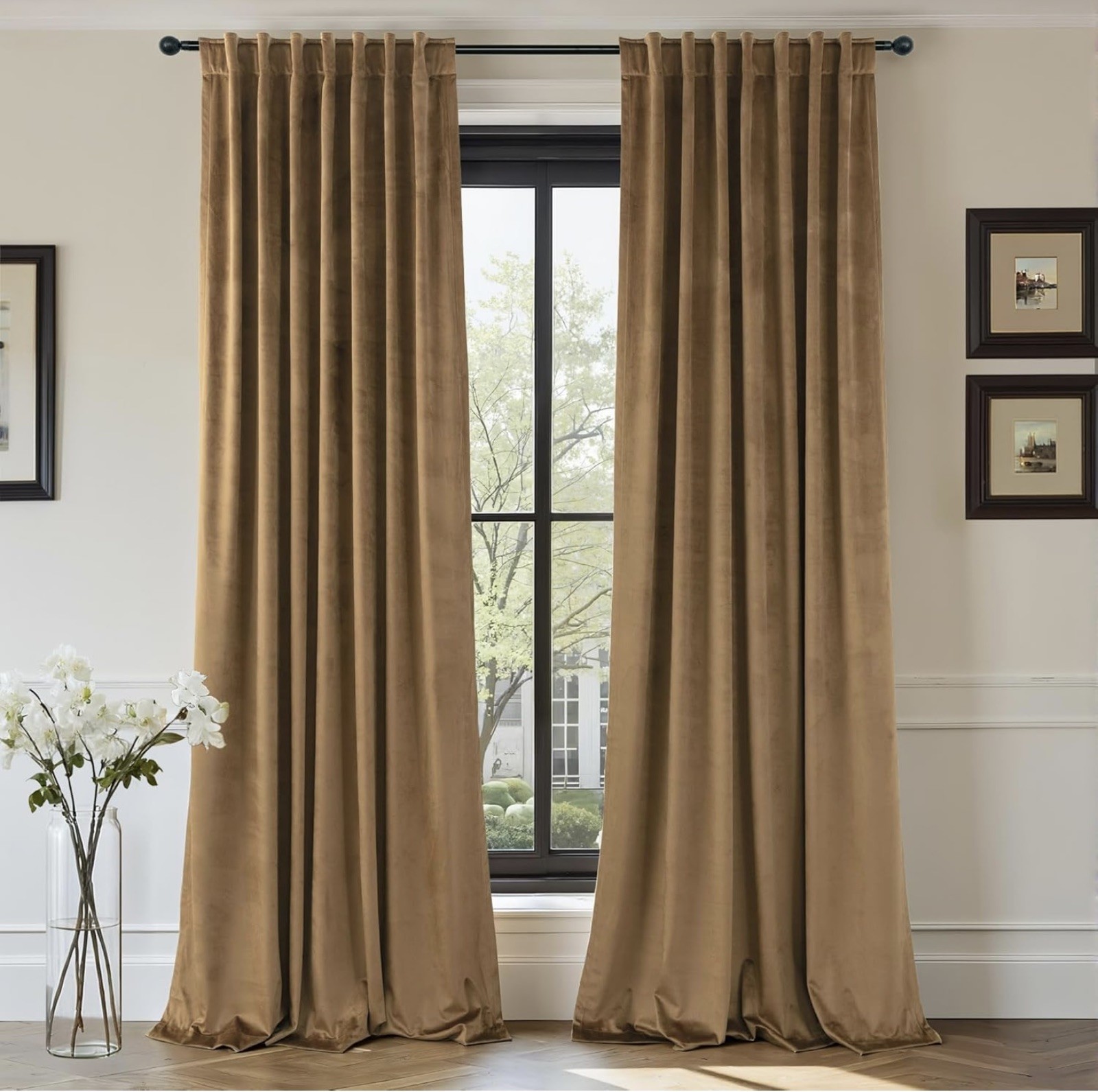 Gold Brown Velvet Curtains 84 Long, Room Darkening, Insulated, Soundproof, 2 Pan