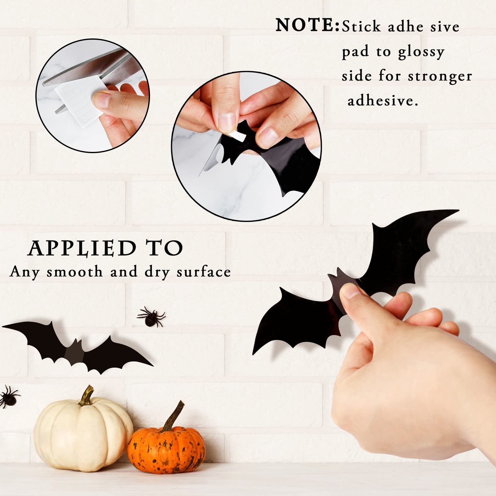 Halloween Party Decor, 64 Pcs 3D Bats, Wall Stickers, Black