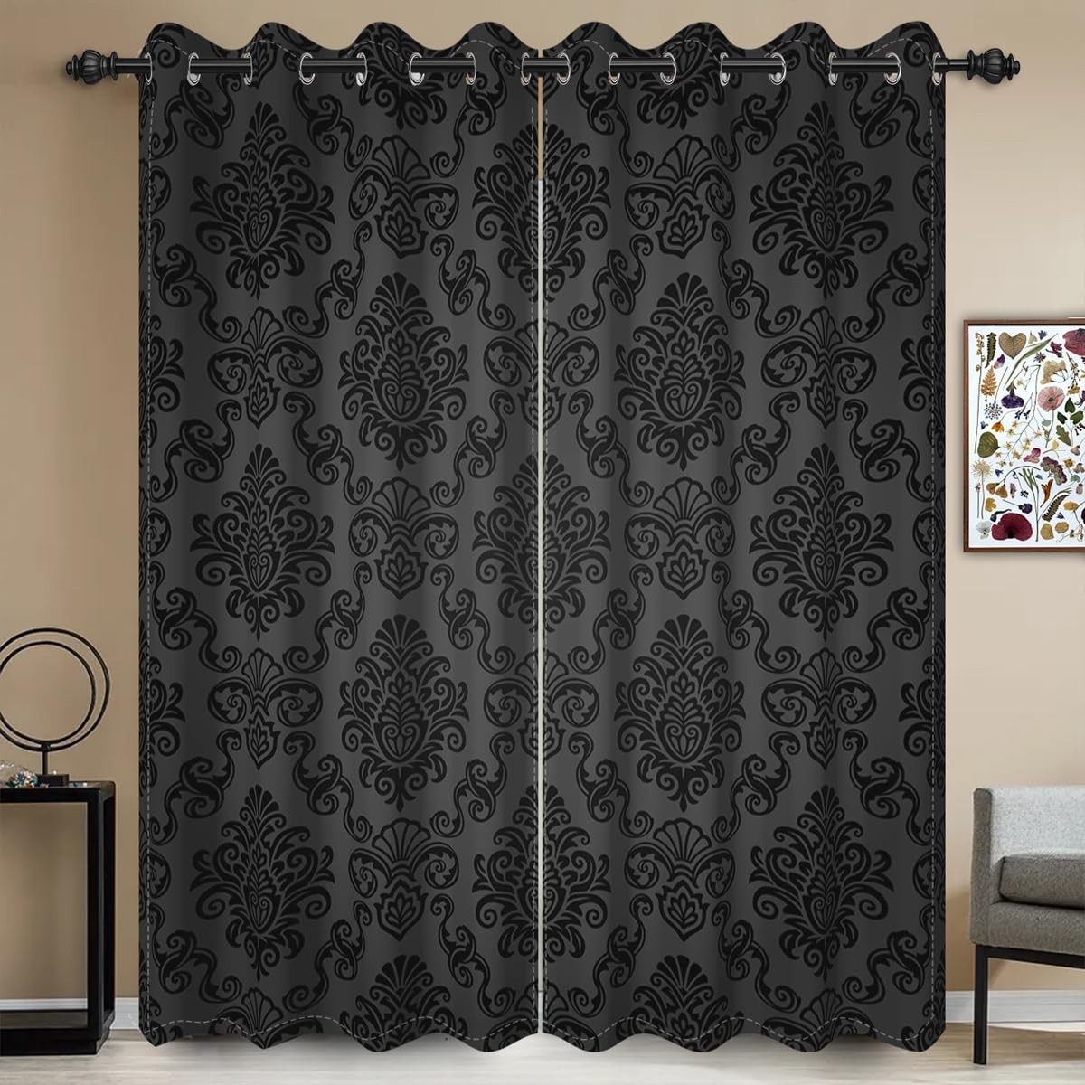 Umpoo Black Damask Floral Blackout Curtain Vintage Classic Flower Pattern