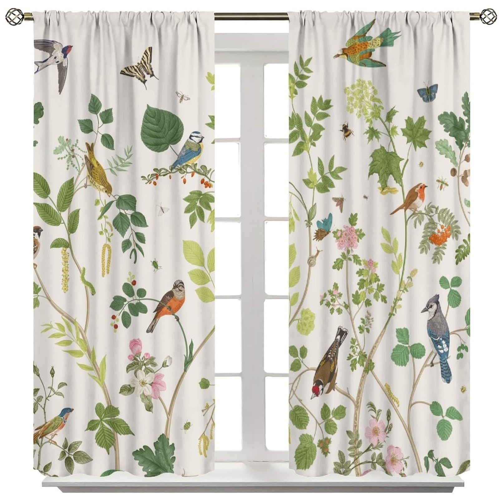 Flowers Birds Curtains,Vintage Floral Garden Window Treatments for Bedroom Li…