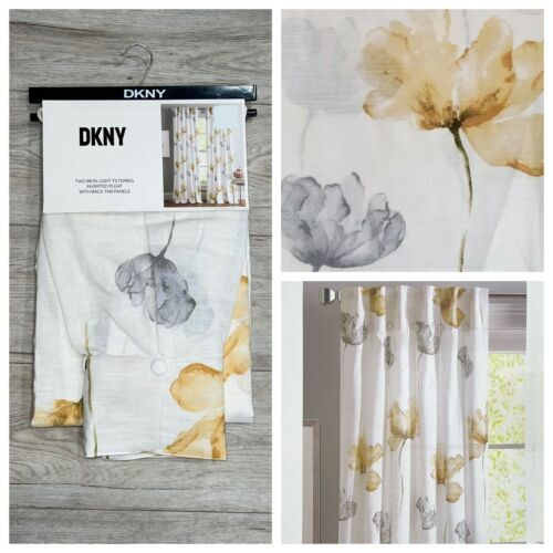 DKNY 32 x 96 City Bloom Inverted Pleat Cotton White Yellow Gray Flowers Curtains
