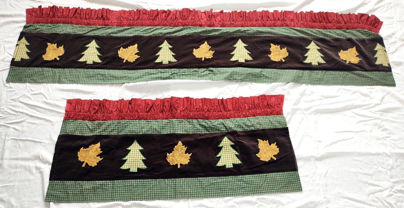 2 Handmade Woodland Valances~Plaid~Country~Reds~Greens~Brown~Leaves~Autumn~Fall