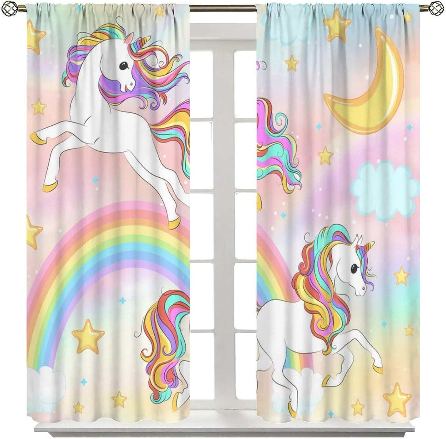 Rainbow Unicorn Window Curtains for Kids, Unicorn Cartoon Star Cloud Colorful Ba
