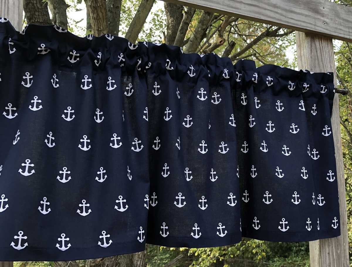 Navy Blue Anchor Valance Nautical Boat Sail Boat Anchors Curtain Topper t9/3