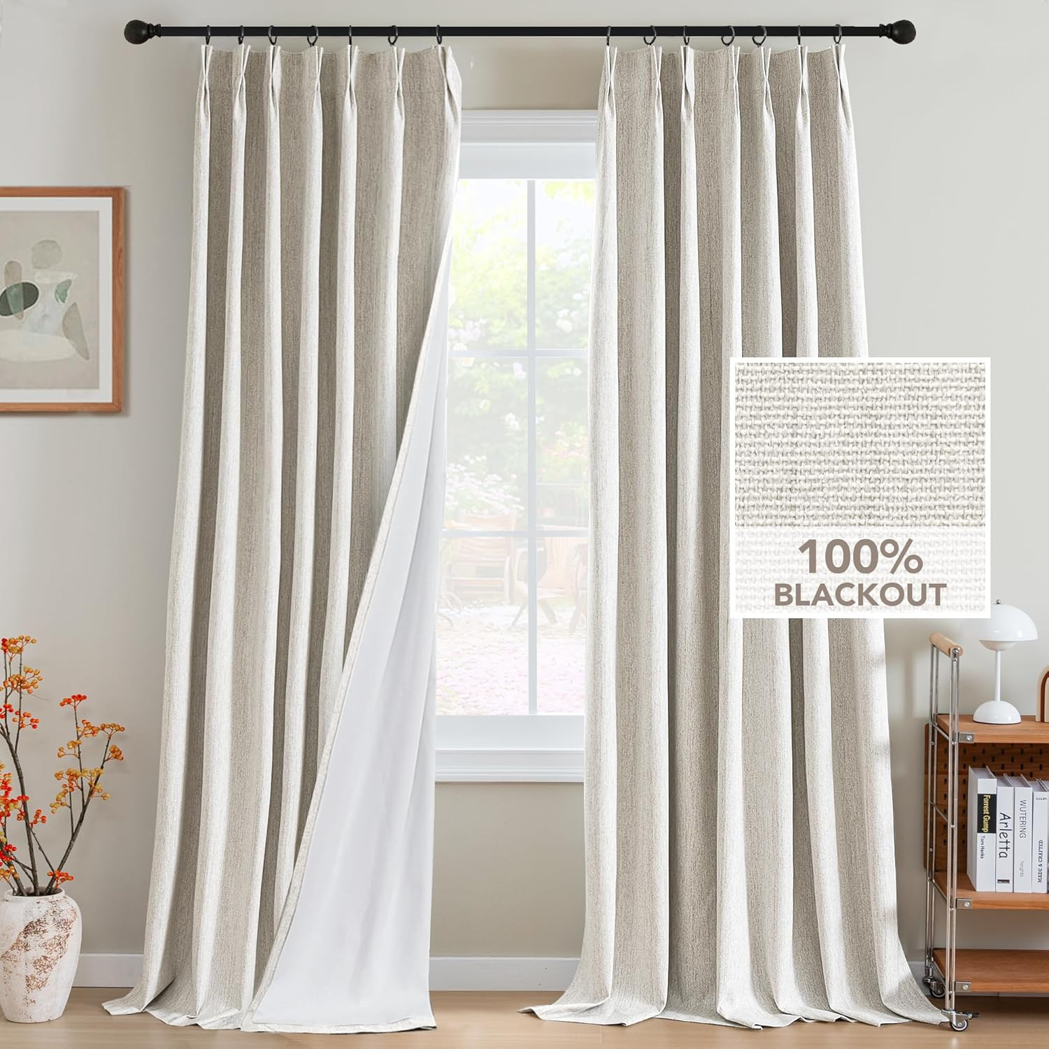 Heather Ivory Pinch Pleated Blackout Curtains 108″ Long – 2 Panels