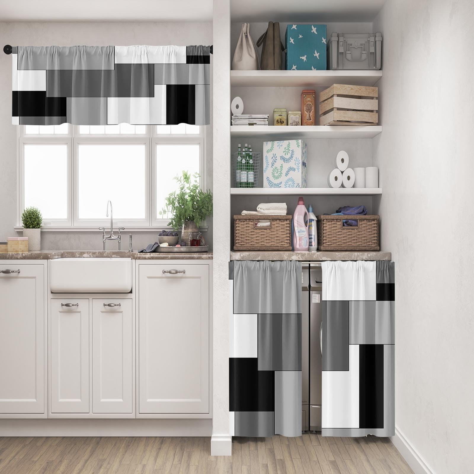 Black White Gray Kitchen Window Curtains Valance and Tier Set 36 Inch, Dark G…