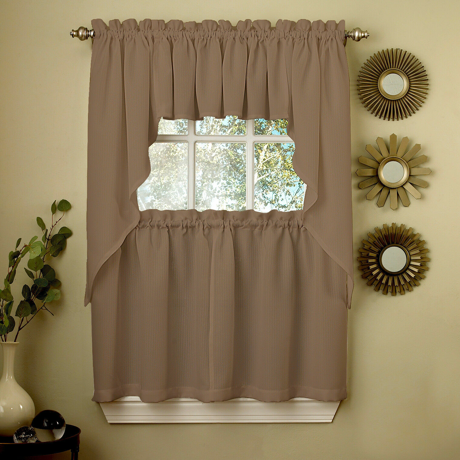 LORRAINE HOME FASHIONS – SOLID RIBCORD OPAQUE SWAG & VALANCE SET COLOR TAUPE NEW