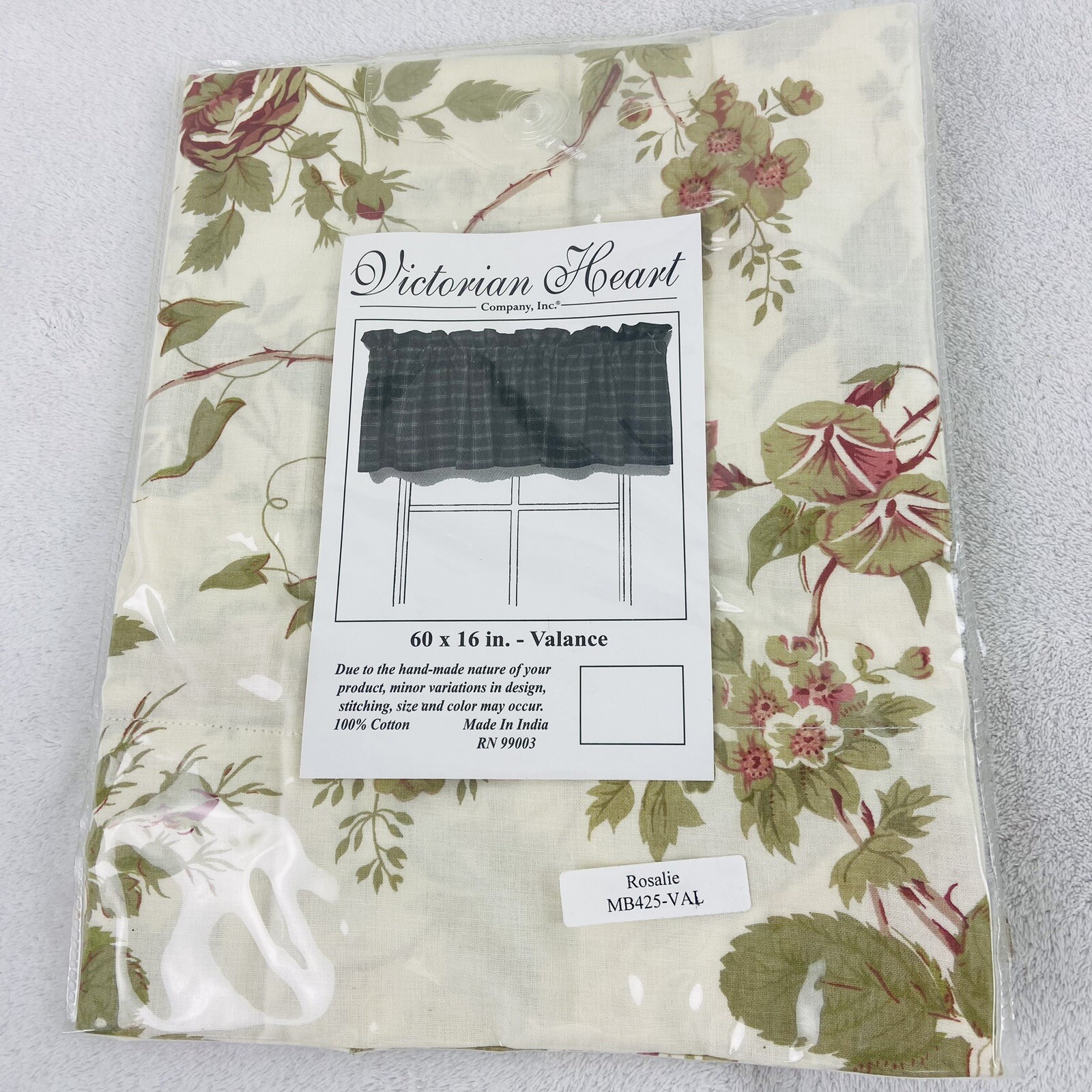 Victorian Heart Rosalie Floral Wild Roses Sage Green Burgundy Cottage Valance