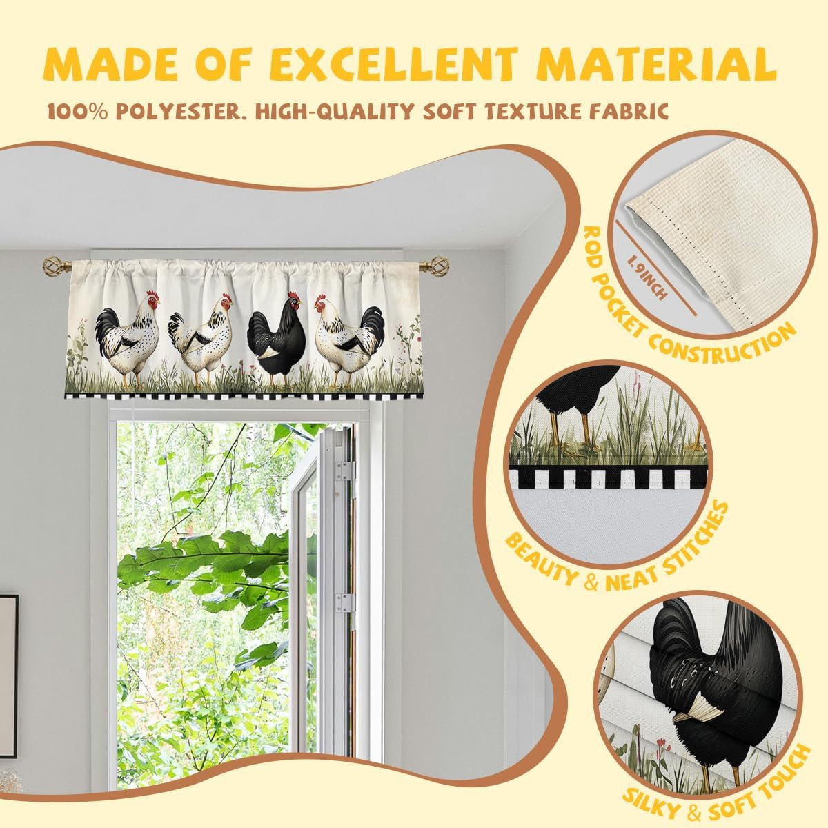 Rooster Curtain Valance for Windows 2 Pack Cartoon Farmhouse Chicken Black White