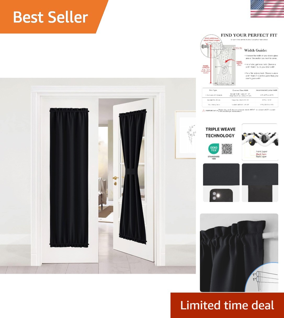 Stylish Blackout Privacy Curtain for French Doors – 25″W x 72″L, Modern Design