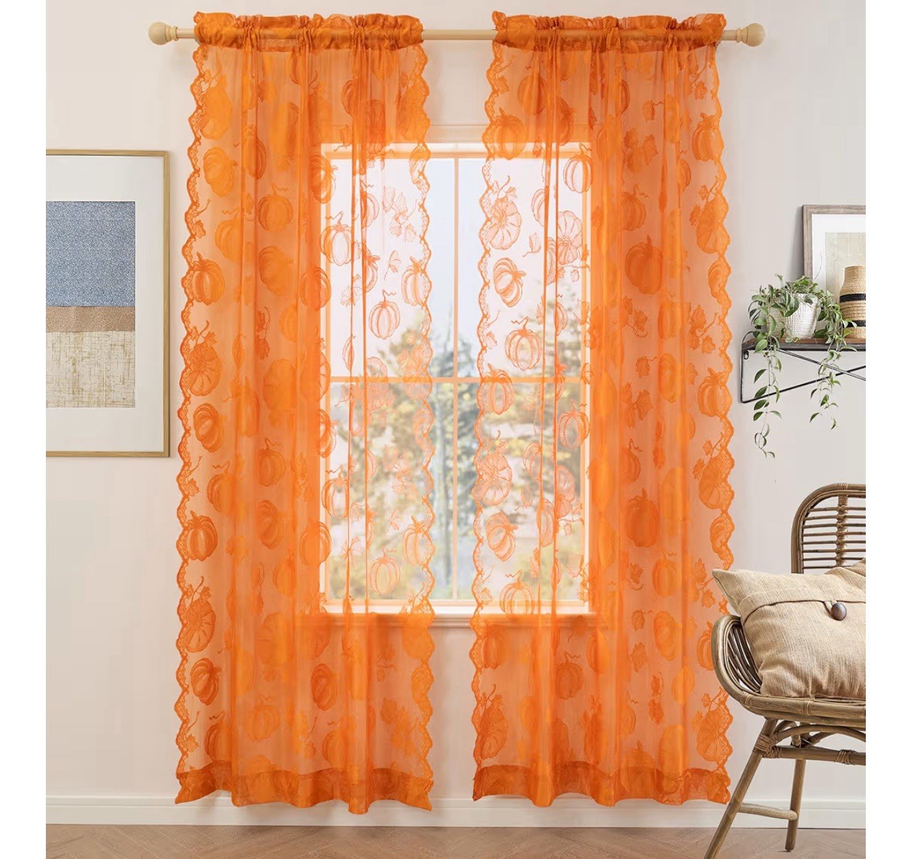 Curtains Thanksgiving 95 Inch Long Autumn Lace Translucent Harvested Pumpkin