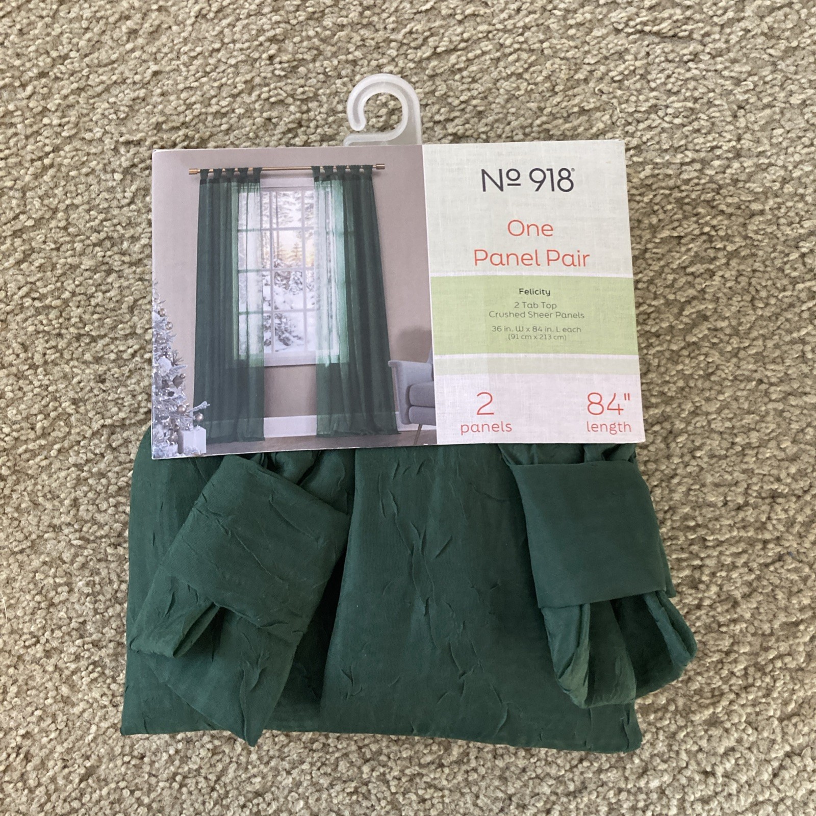 NWT No 918 2 Tab Top Crushed Sheer Curtain Panels 84×36 Evergreen $50 retail