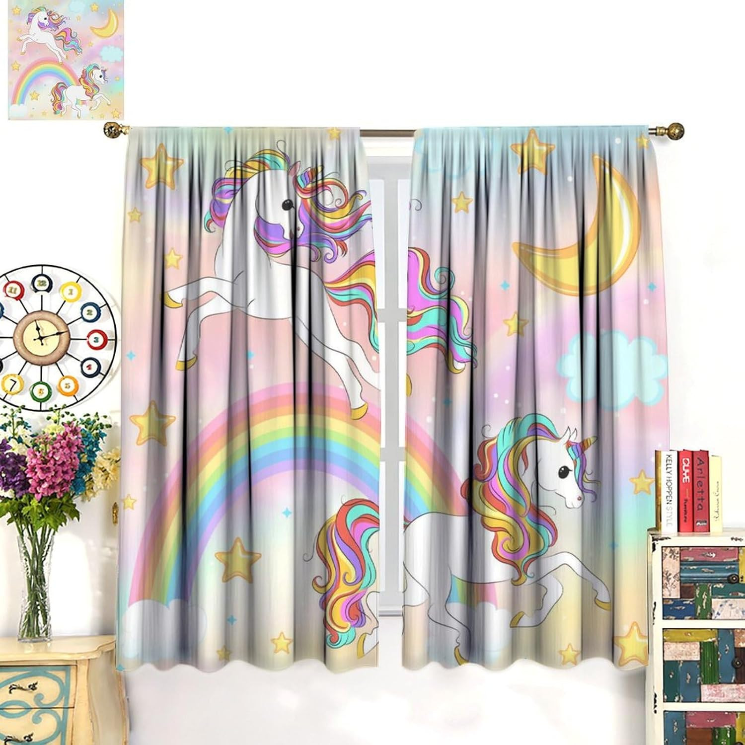 Rainbow Unicorn Window Curtains for Kids, Unicorn Cartoon Star Cloud Colorful Ba