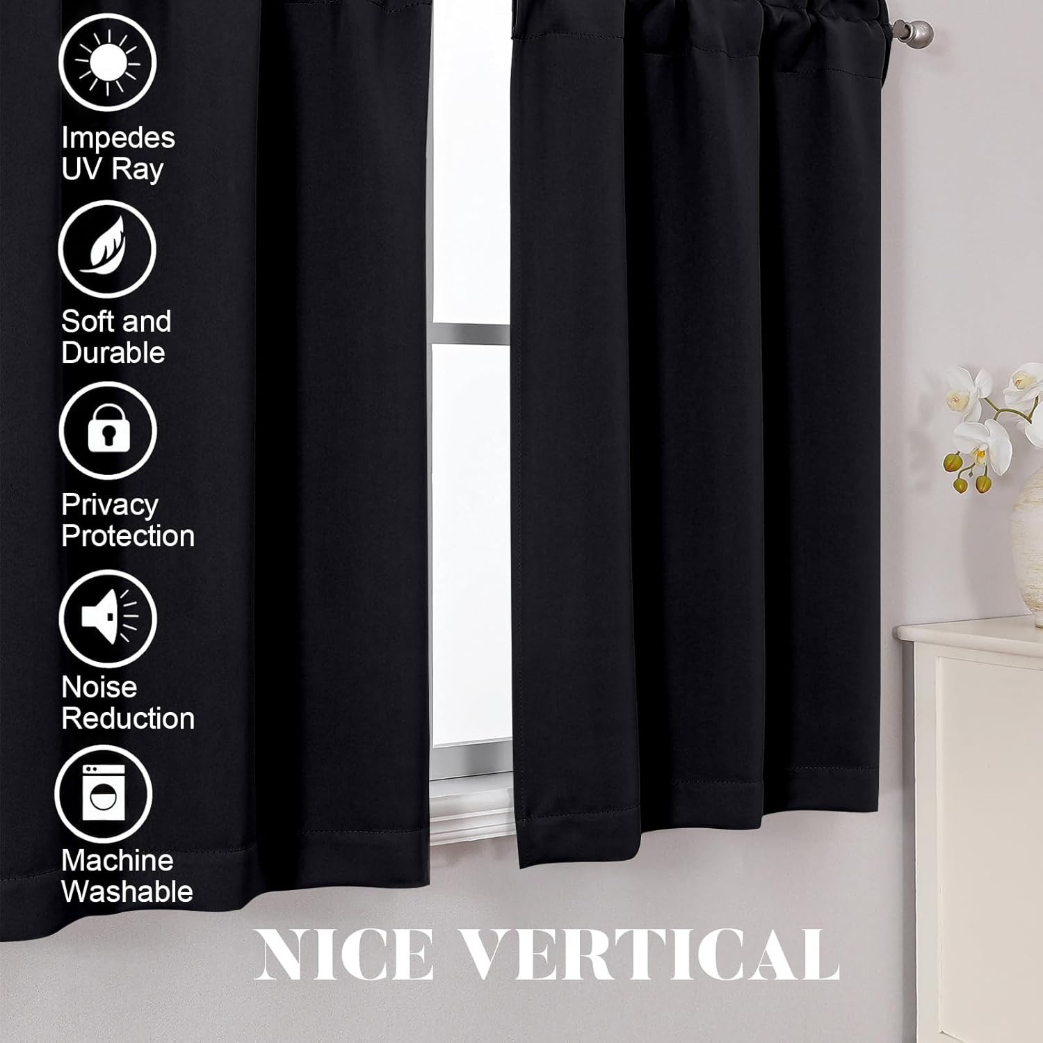 Black Valances for Windows 14 Inch Length, Thermal Blackout Short Curtains,