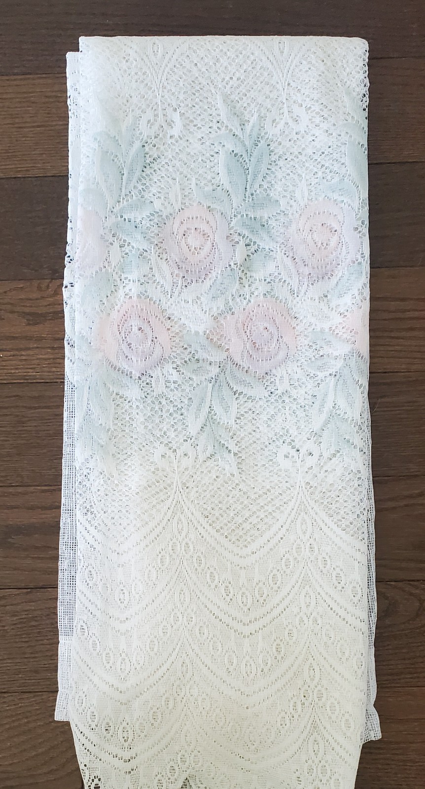 Vintage Curtain Panel – Lacey Look – Rod Pocket – White – Pink/Green – 60″ x 63″