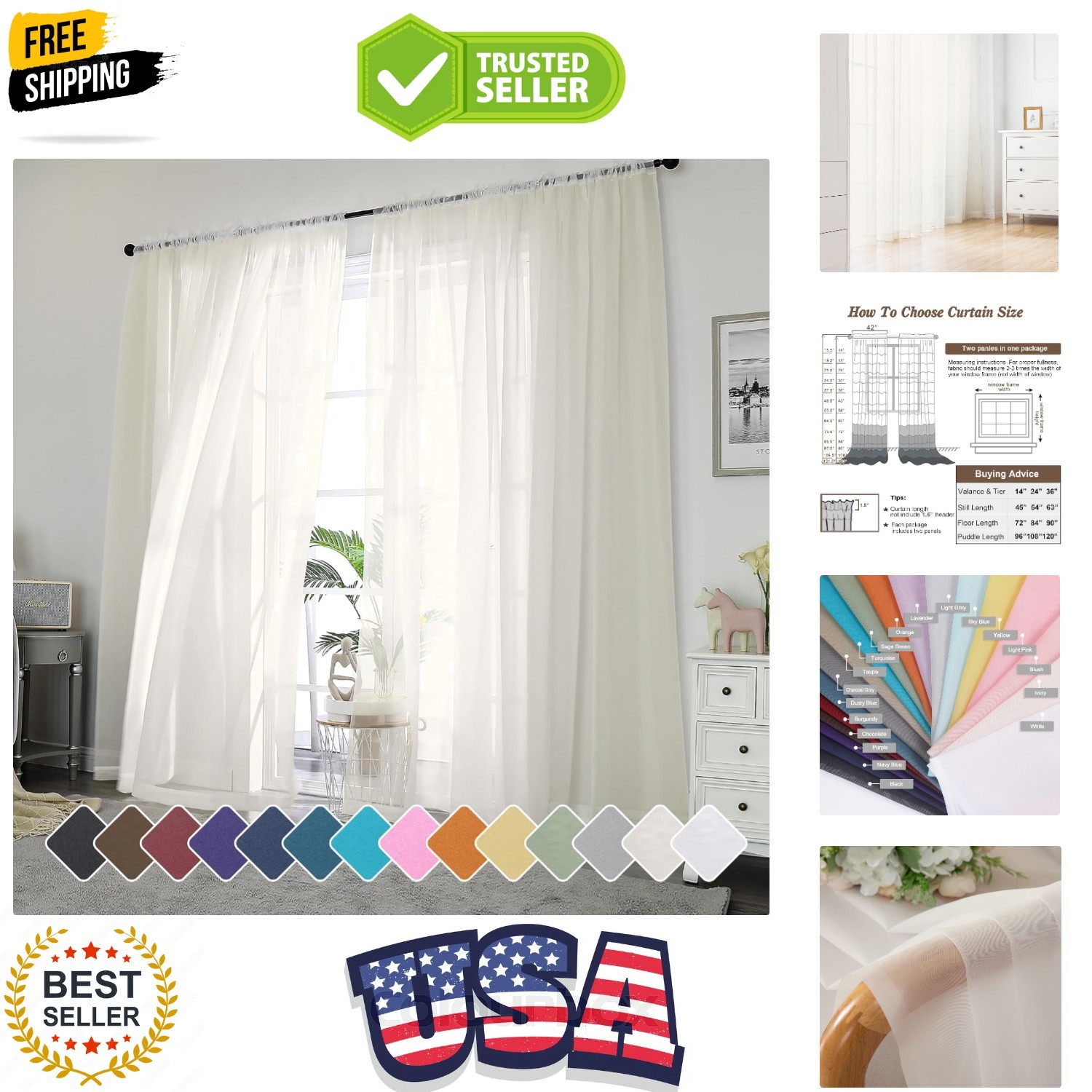 Ivory Sheer Curtains 96 Inch Length 2 Panels Set, Elegant Light Filtering Voi…
