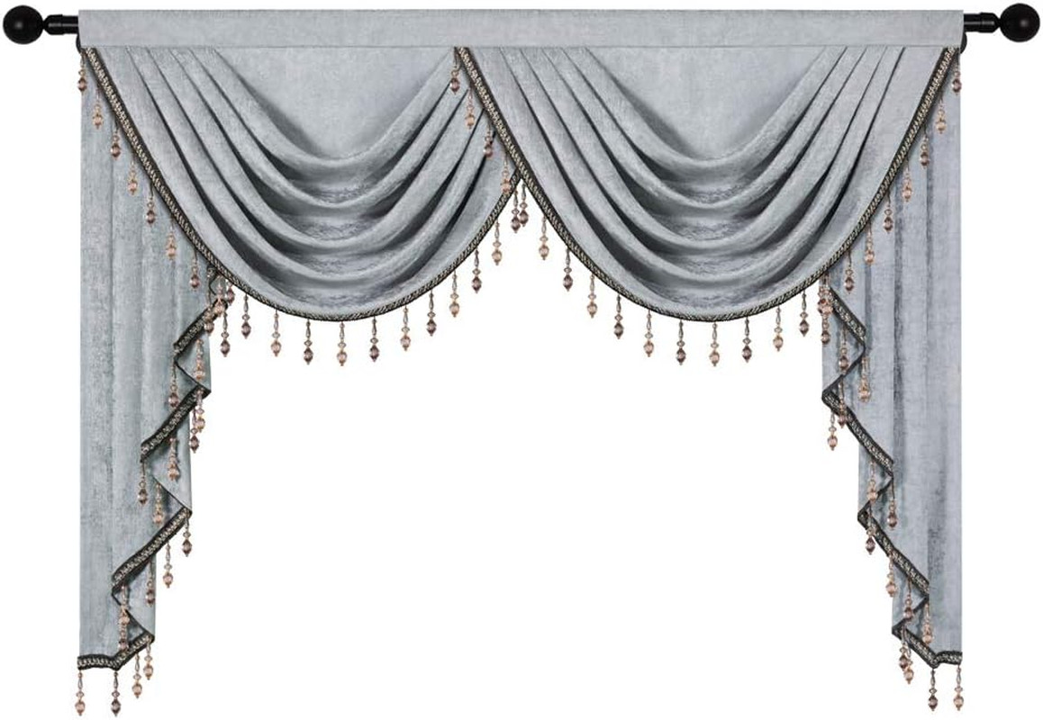 Thick Silver Grey Chenille Valance with Beads for Living Room, 59″ Panel