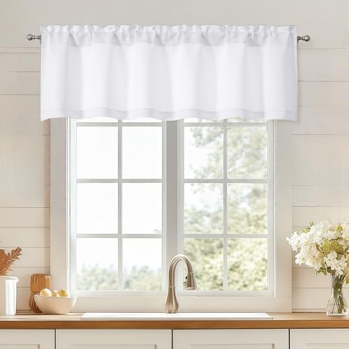 Valances for Windows, Light Filtering Small Kitchen Curtains 60″Wx14″L White