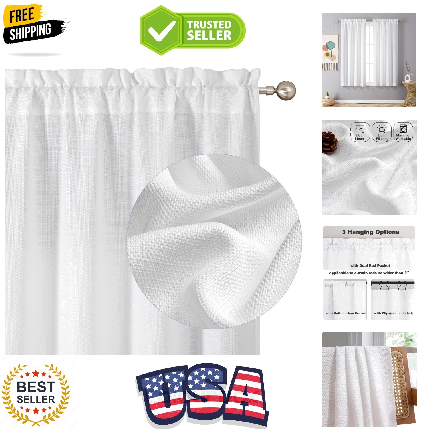 White Curtains 45 Inch Length 2 Panels, Faux Linen Textured Semi Sheer Light …