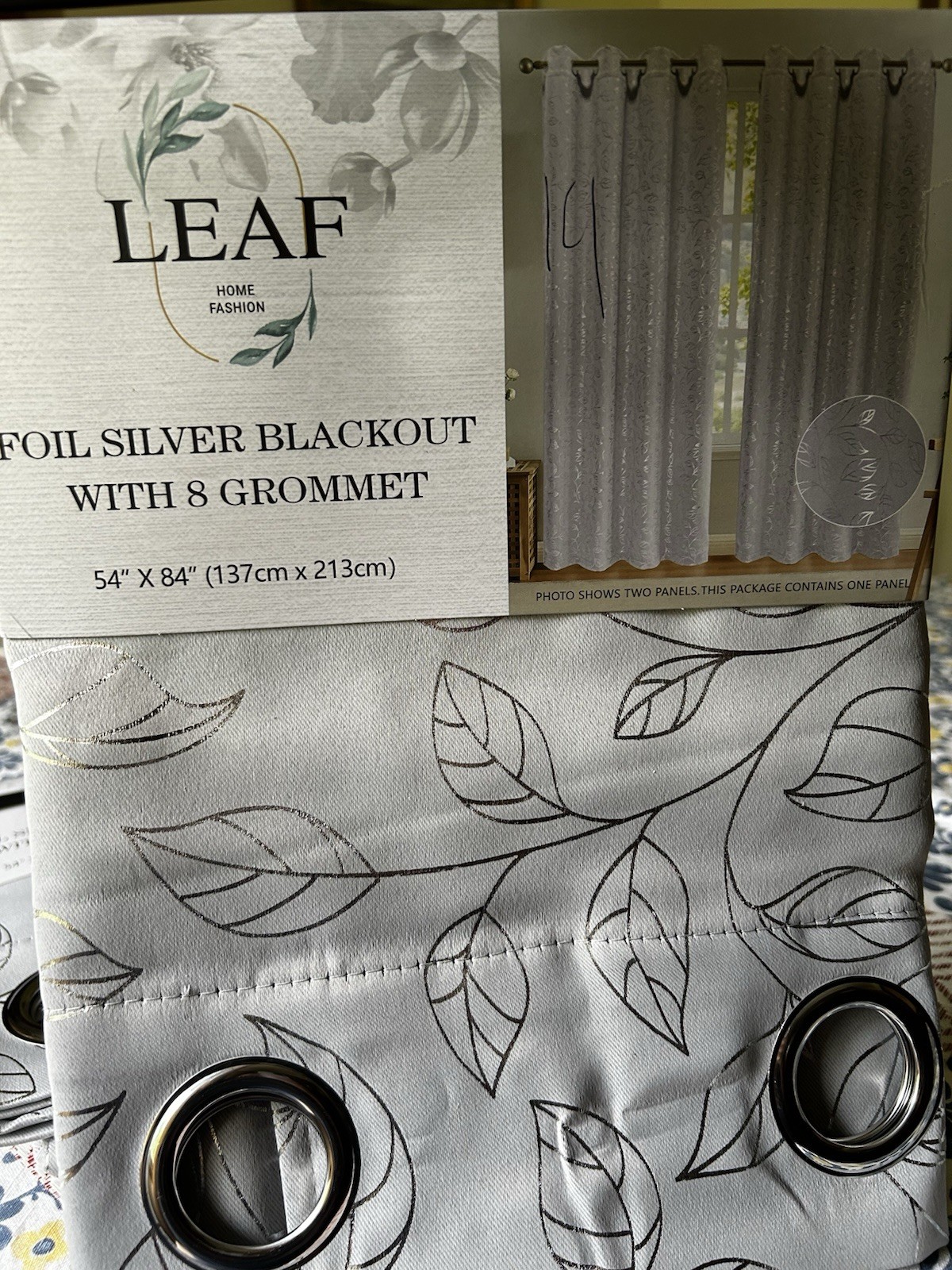 Silver Blackout Curtain Panel 54” x 84” Leaf Pattern Grommet Top – 2 Panels