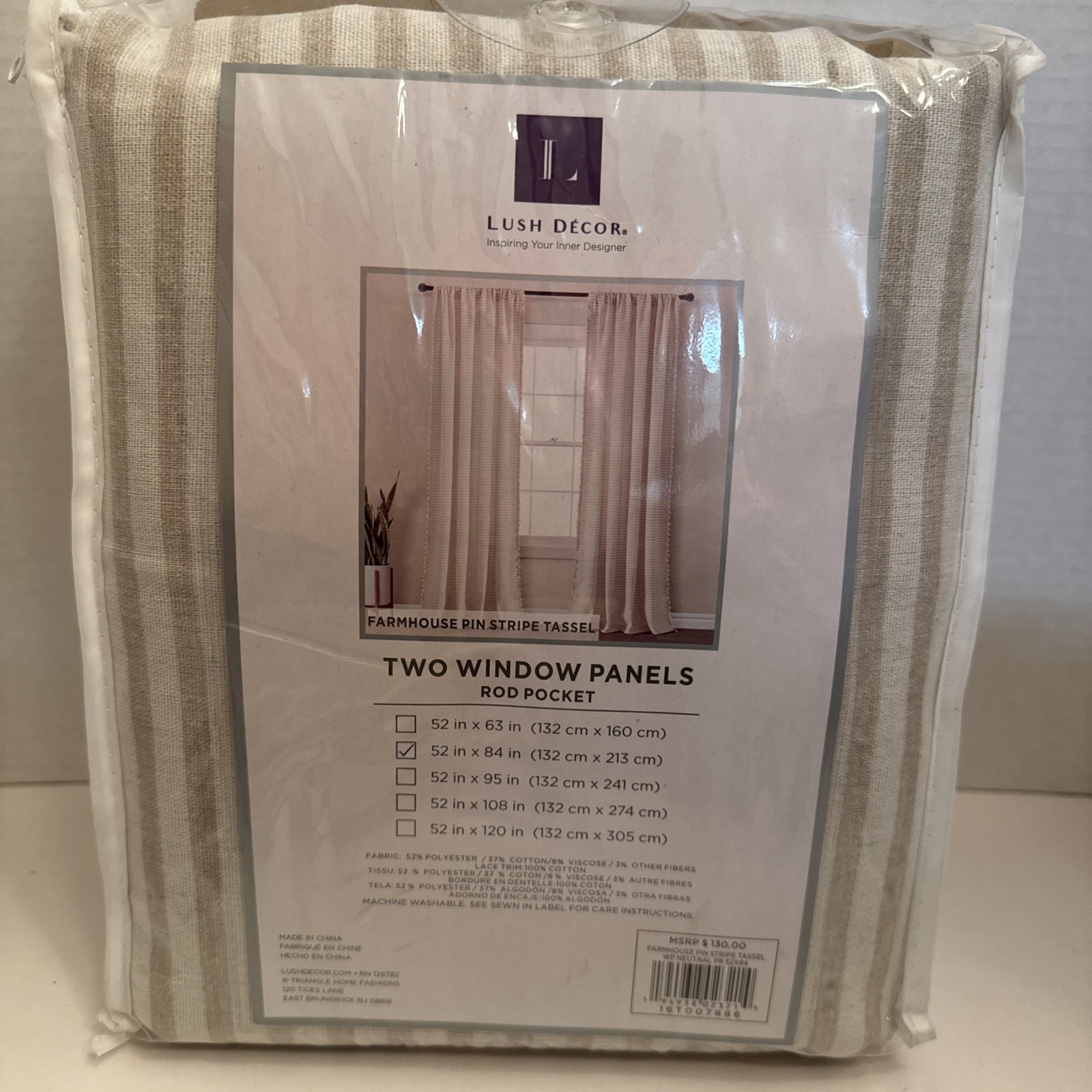 Lush Decor Pr 52”W x 84”L Neutral Farmhouse Pin Stripe Tassel Rod Pocket Panels