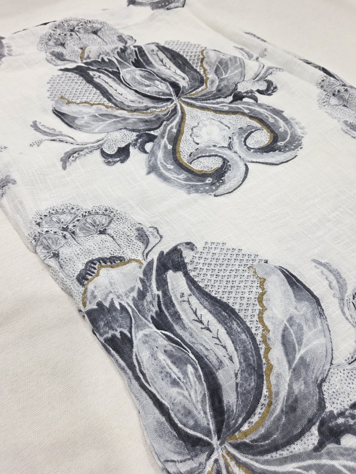 Anthropologie Botanical Curtain Panel White Blue Gray Gold Cotton Floral 84×48