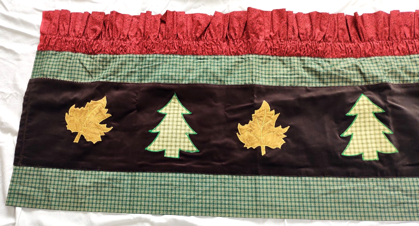 2 Handmade Woodland Valances~Plaid~Country~Reds~Greens~Brown~Leaves~Autumn~Fall