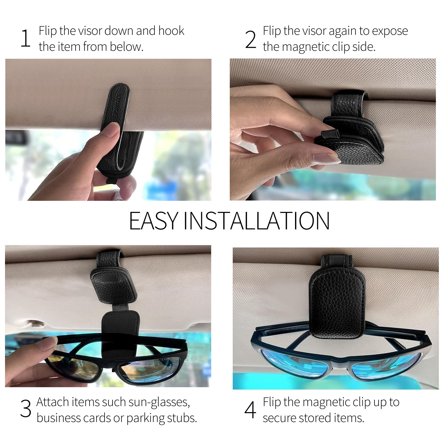 Ford Mustang Tri-Bar Rectangle Black Leather Magnetic Sunglass Sun Visor Holder