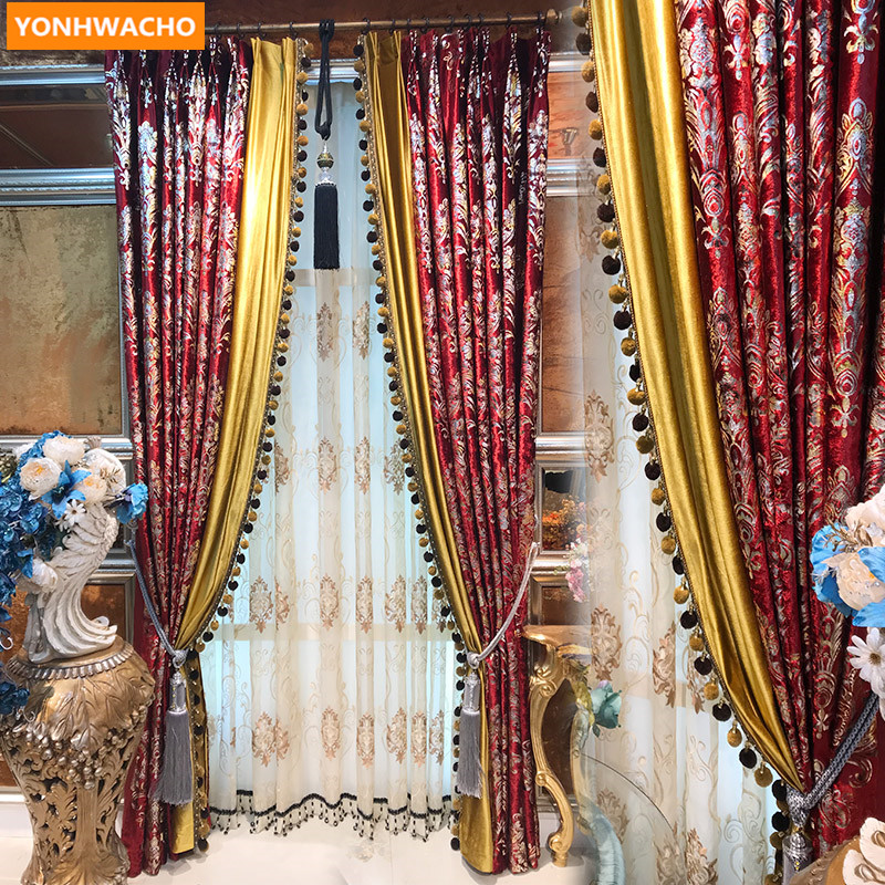 Red Bronzing gold Damascus window velvet cloth blackout curtain tulle drape B069