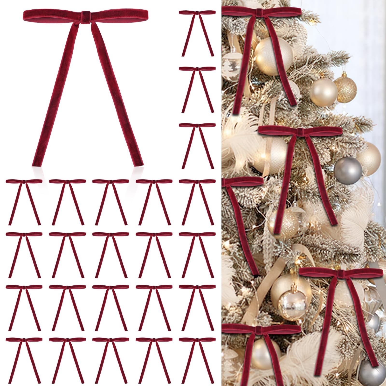 24PCS Christmas Velvet Bows – Tree, Wreath & Party Decor for Indoor & Outdoor
