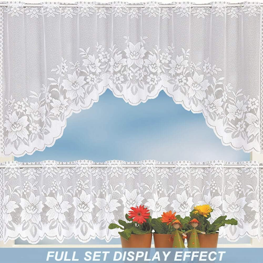 White Lace Swag Curtains for Kitchen, Sheer Floral Embroidery Window Valances Ho