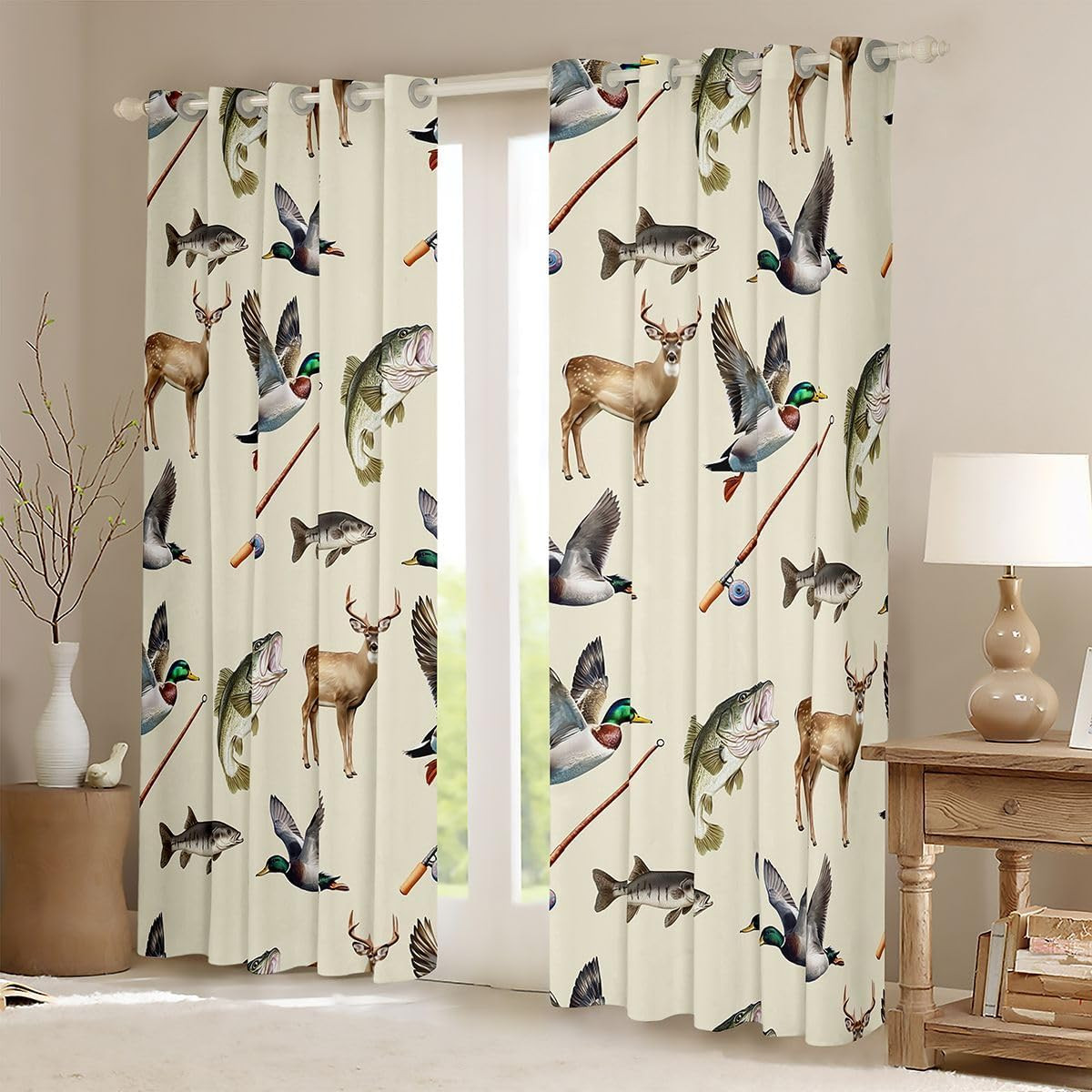 Rustic Fishing & Hunting Curtains, 2 Panels 52×96″ Blackout Drapes
