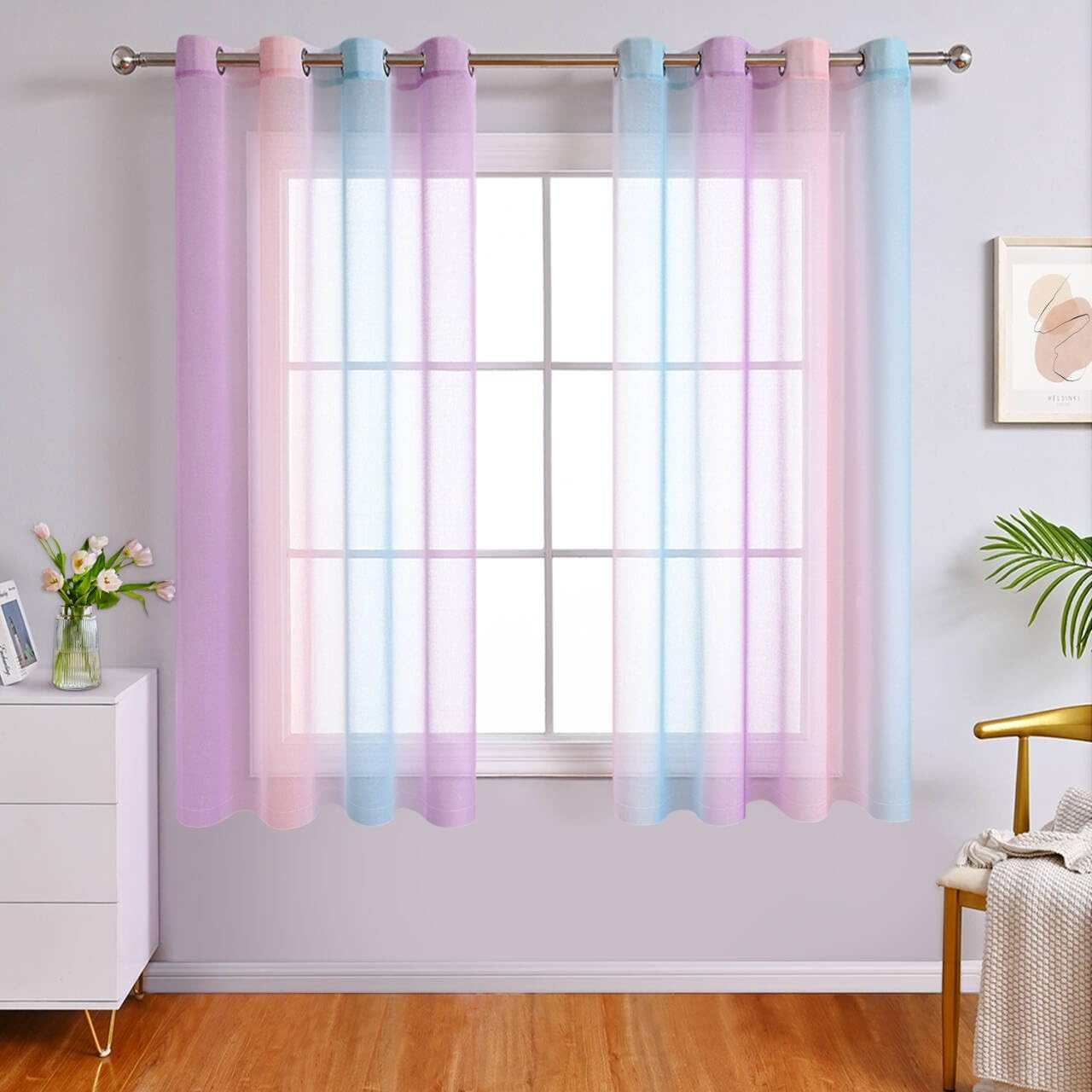 Rainbow Curtains for Girls Bedroom Decor 63 Inch Length, Unicorn Princess Theme