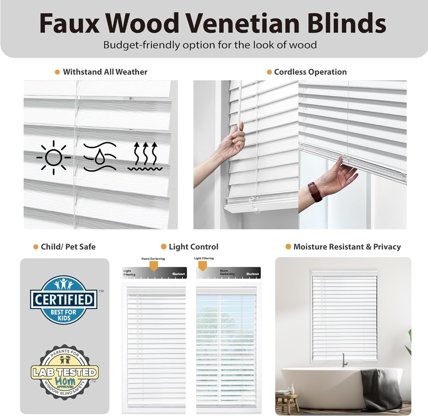 DEZ FURNISHINGS Cordless 2″ Signature Faux Wood Blind, 33.75″ W X 48″ H, Bark Br