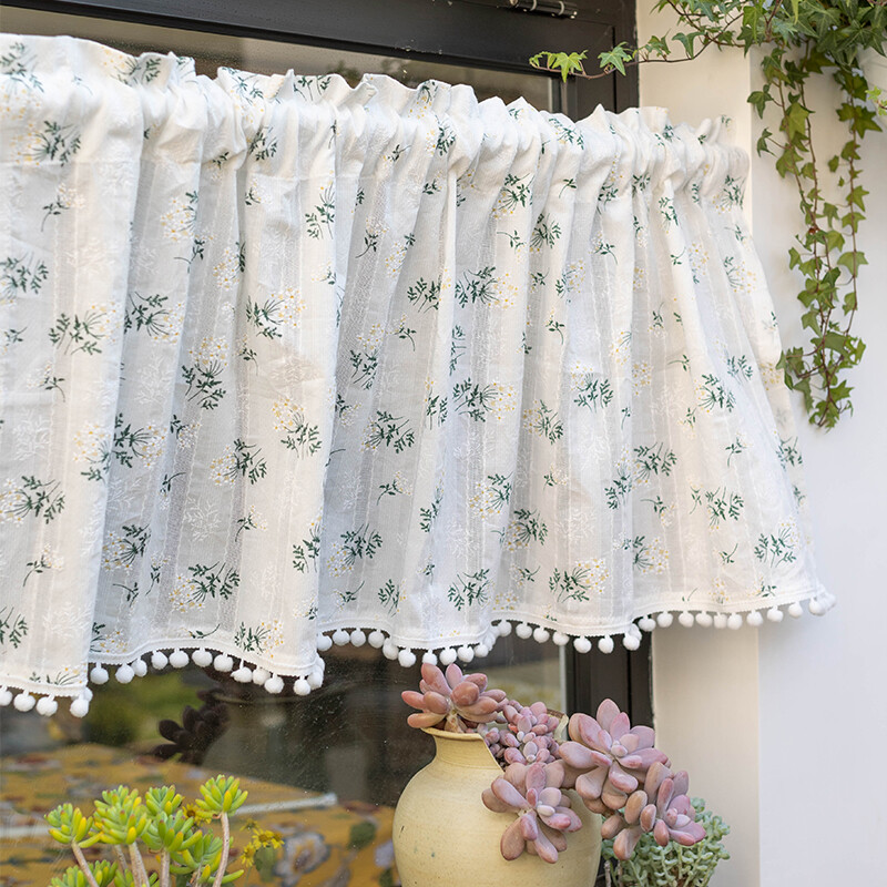 Pretty Lilacs Flower Chic Small Ball Border White Cotton Café Curtain